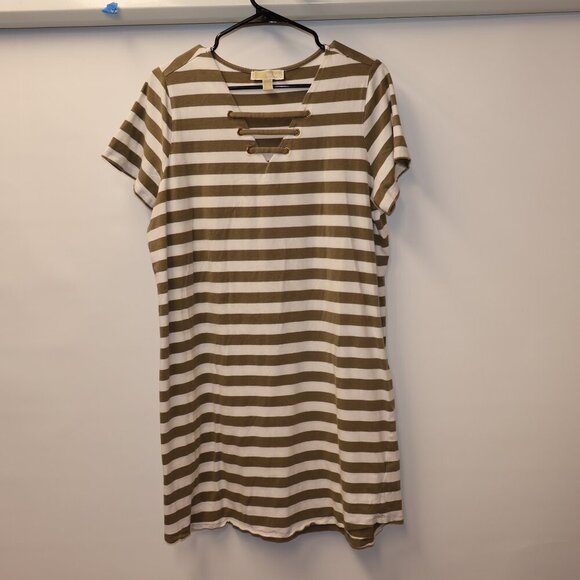 Michael Kors Olive & White Striped Lace-Up Neckline Casual Dress Size L - Picture 2 of 8